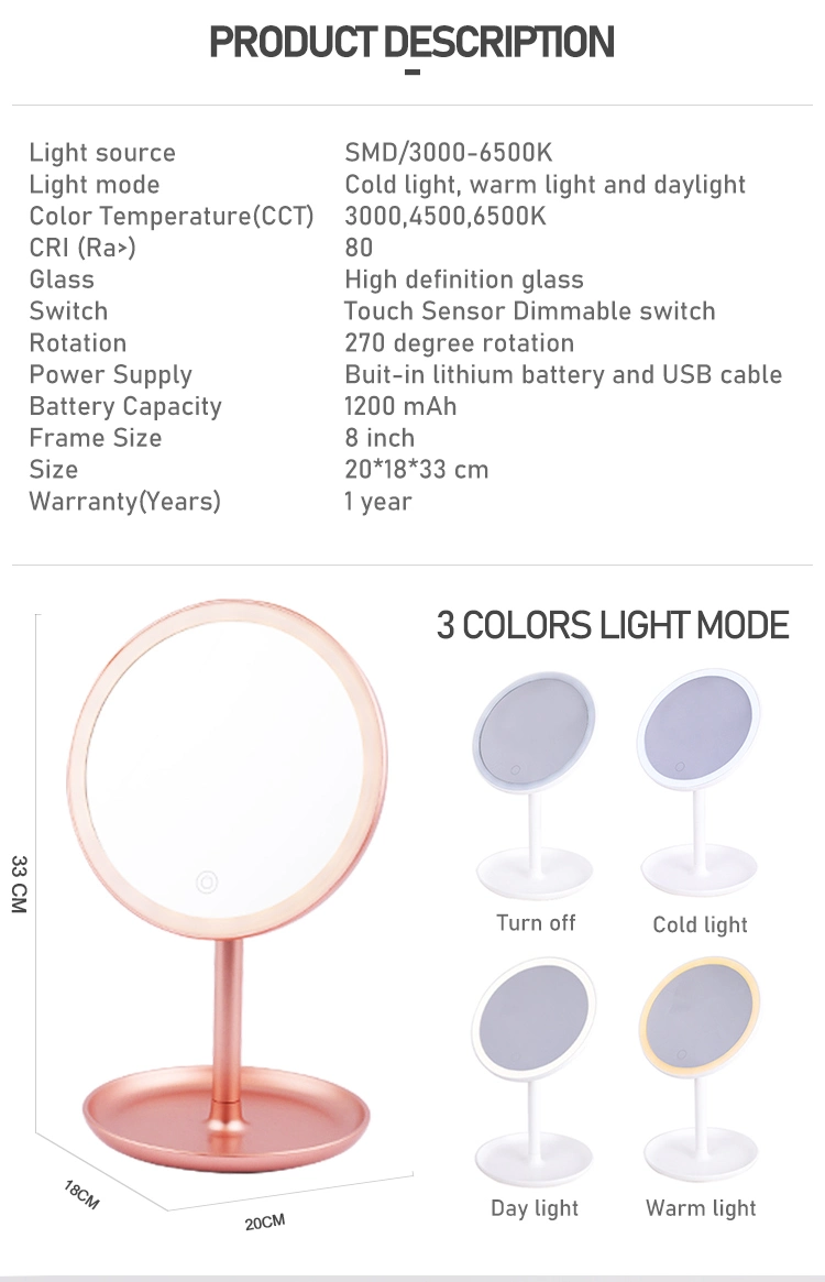 Hot Sale Durable Round Magnifying Plastic Vanity LED Makeup Mirror with Lights Gms807