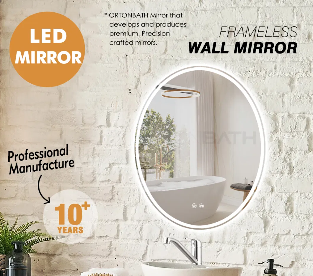 Ortonbath Frameless Oval Bathroom Mirror with Lights, Wall Mounted Mirror, Anti-Fog and Explosion-Proof, Large Vertical LED Makeup Mirror