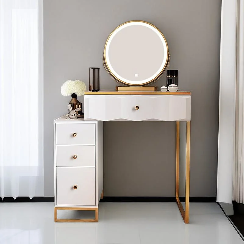 Desk with 3-Color Dimmable Lighted Mirror, Vanity Desk Set with Movable Bedside Table and Cushioned Stool, Vanity Table Set with Drawers &amp; Storage Cabinet,