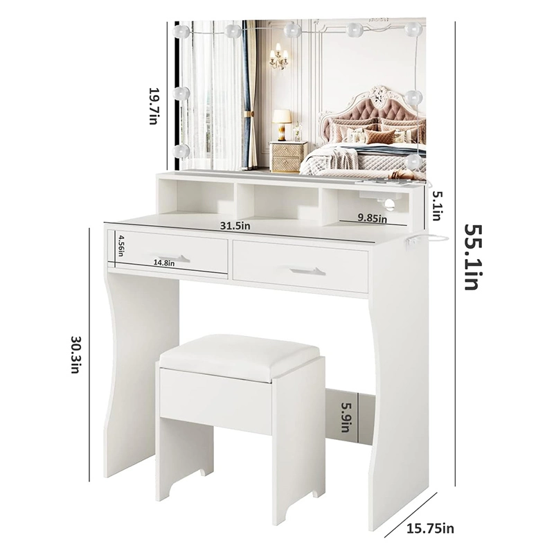 Makeup Vanity with Lighted Mirror &amp; Power Outlet, White Vanity Set Vanity Desk, Clearance Makeup Vanity 3 Lighting Colors, Brightness Adjustable