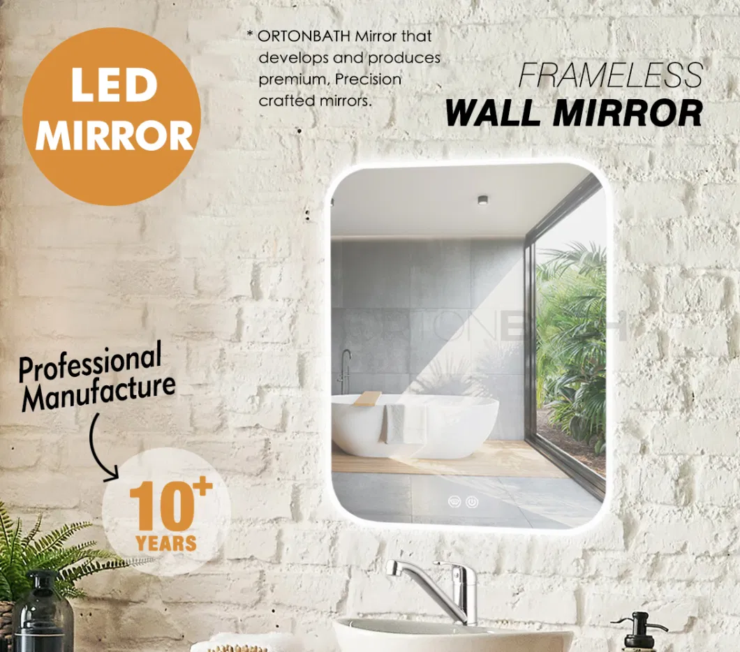 Ortonbath Round Corner Rectangular Frameless LED Bathroom Mirror, Wall-Mounted Vanity Makeup Lighted Mirror, Anti-Fog, Dimmable Lights, Waterproof Mirror