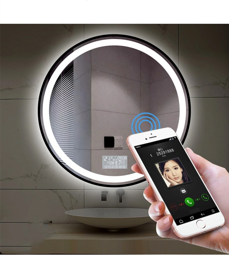 Smart Bathroom Touch LED Luminous Mirror Metal Frame Round Hotel Bathroom Anti-Fog Wall Mirror