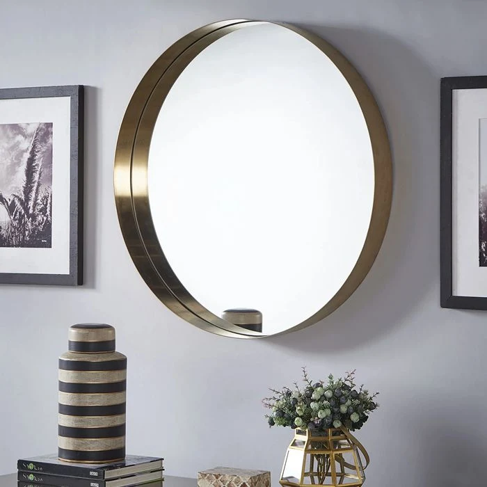 Black Metal PU Frame Round Rectangle Wall Hanging Decorative Mirror