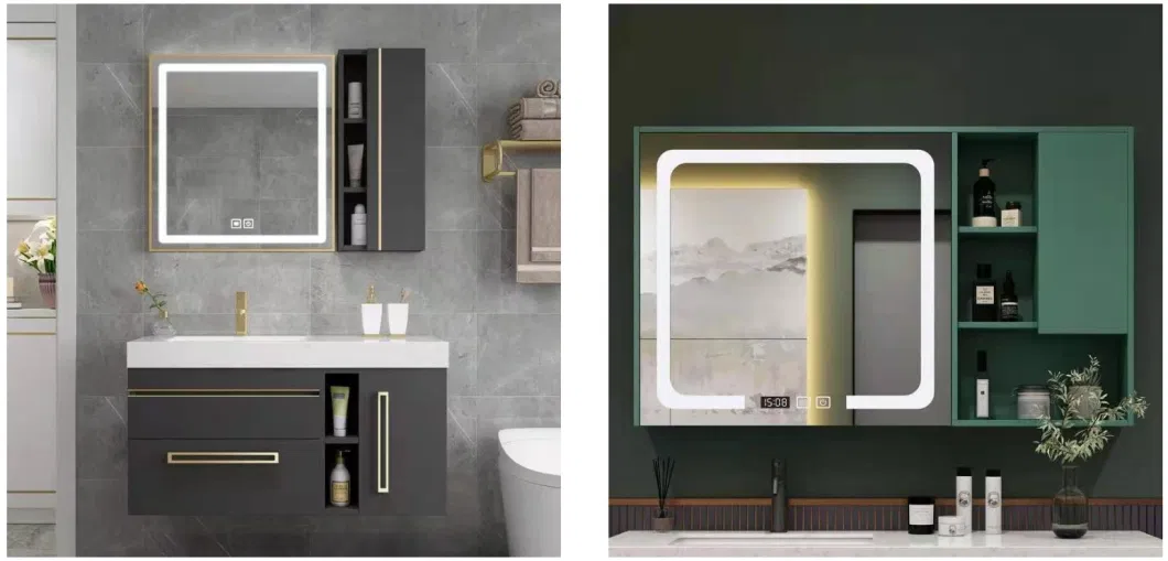 Home Bathroom Creative Multi-Layer Smart Color-Temperature Furniture Wall LED Mirror with Dimming, Bluetooth, Defogger