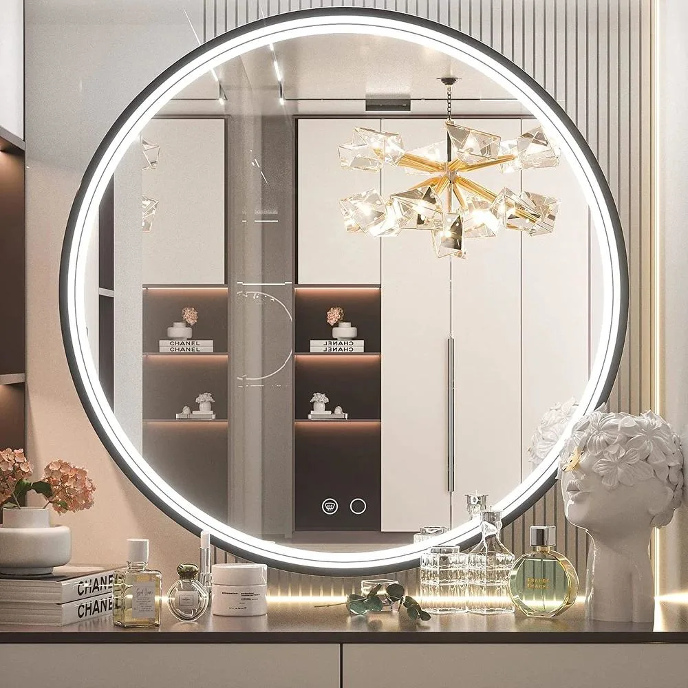 LED Round Bathroom Vanity Mirror with Lights, Wall Mounted Anti-Fog Black Metal Frame Dimmable LED Circle Makeup Mirror