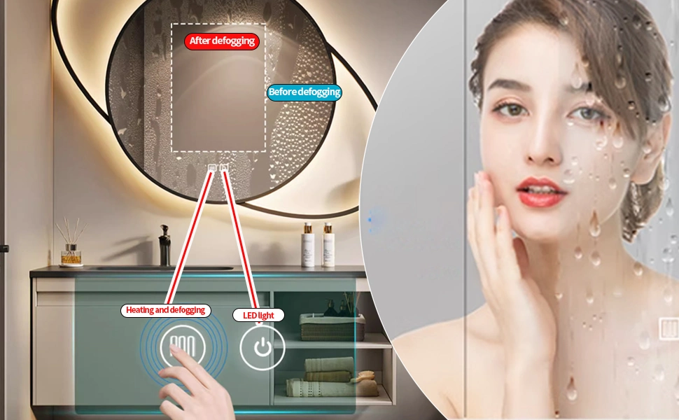 JH Glass Stainless Steel Framed With Lights For Wall Big Planet Shape Defogging Smart LED Mirror For Bathroom