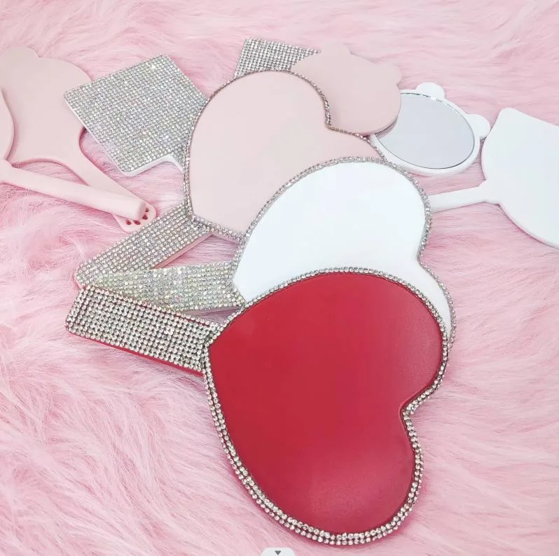 Pink Heart Diamond Studded Hand Held Mirror Logo Custom Bling Design Plastic Multicolor Makeup Mirror or Women Girl Cosmetic