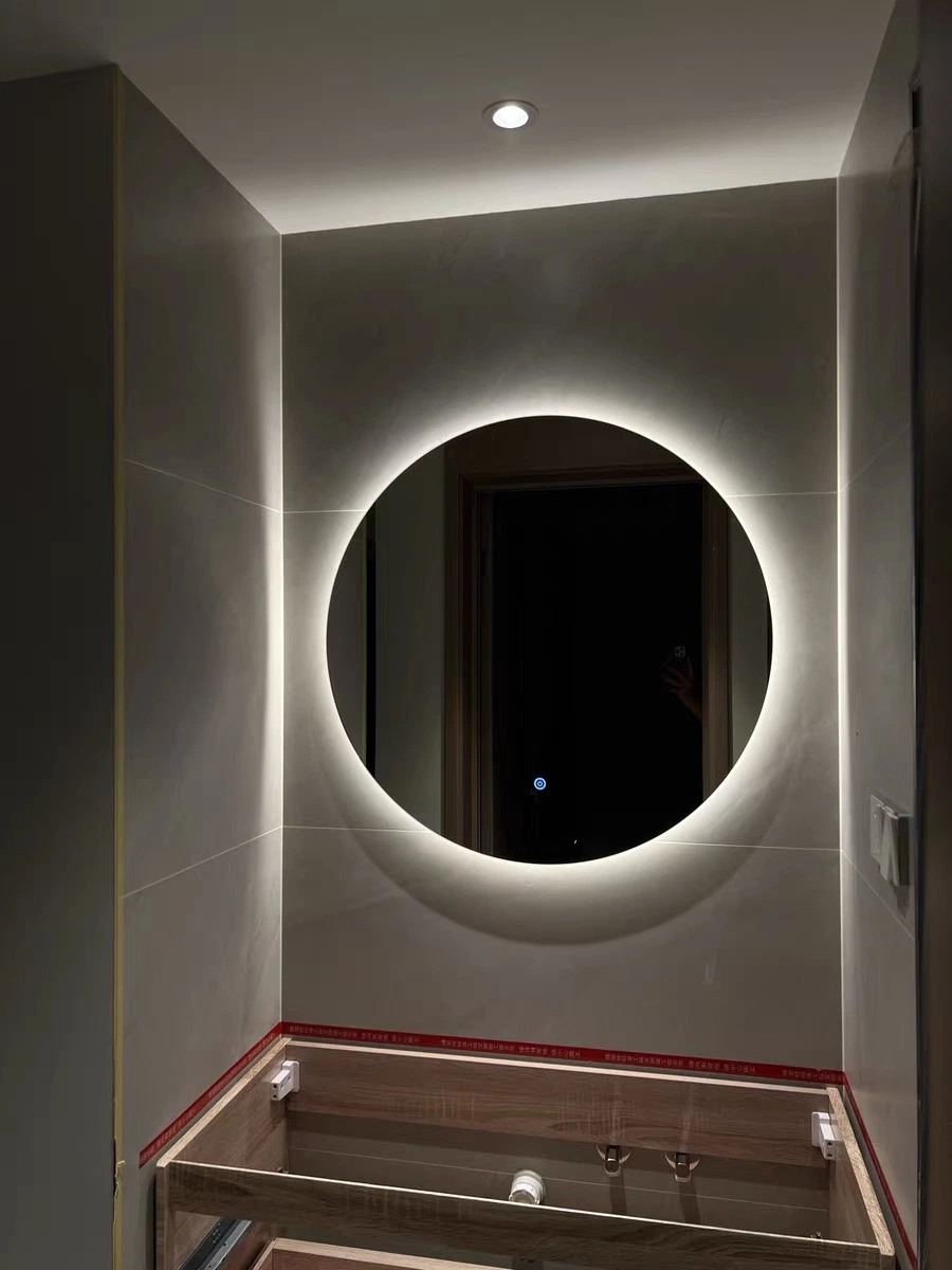 Anti-Fog Round LED Bathroom Mirror Hotel Backlit Frameless LED Light Mirror Digital Clock