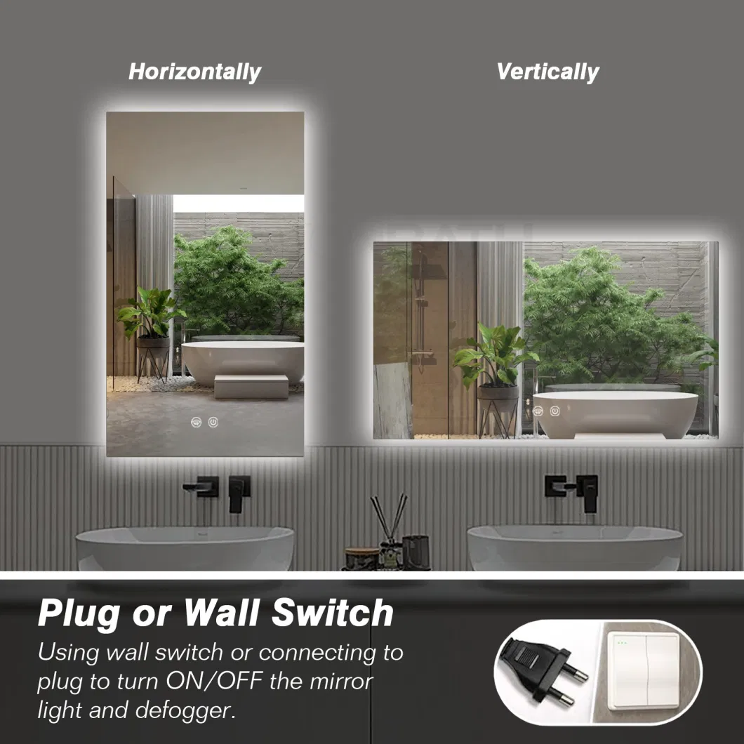 Ortonbath Large Rectangle LED Bathroom Mirror with Dimmable Light Anti-Fog Makeup Mirror Wall Mounted Horizontal/Vertical