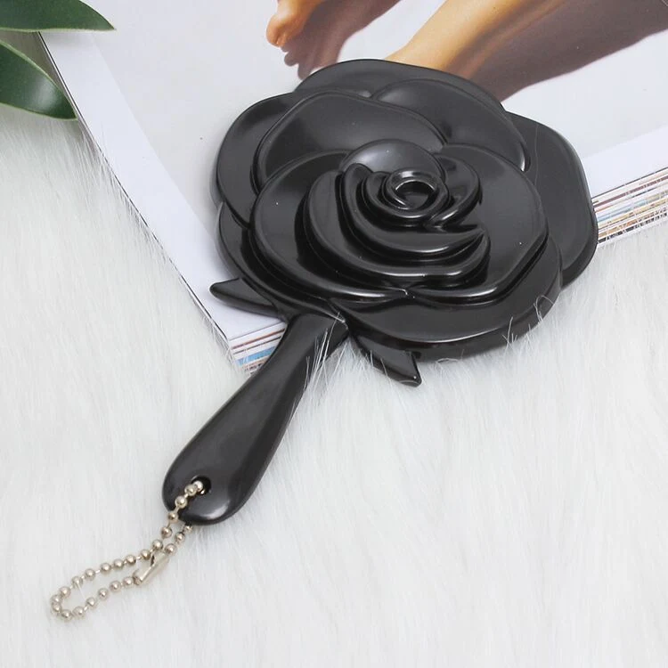 Rose Shape One Side Round Mirror Personalized Logo Long Hand Retro Cosmetic Makeup Handheld Rose Flower Mirror