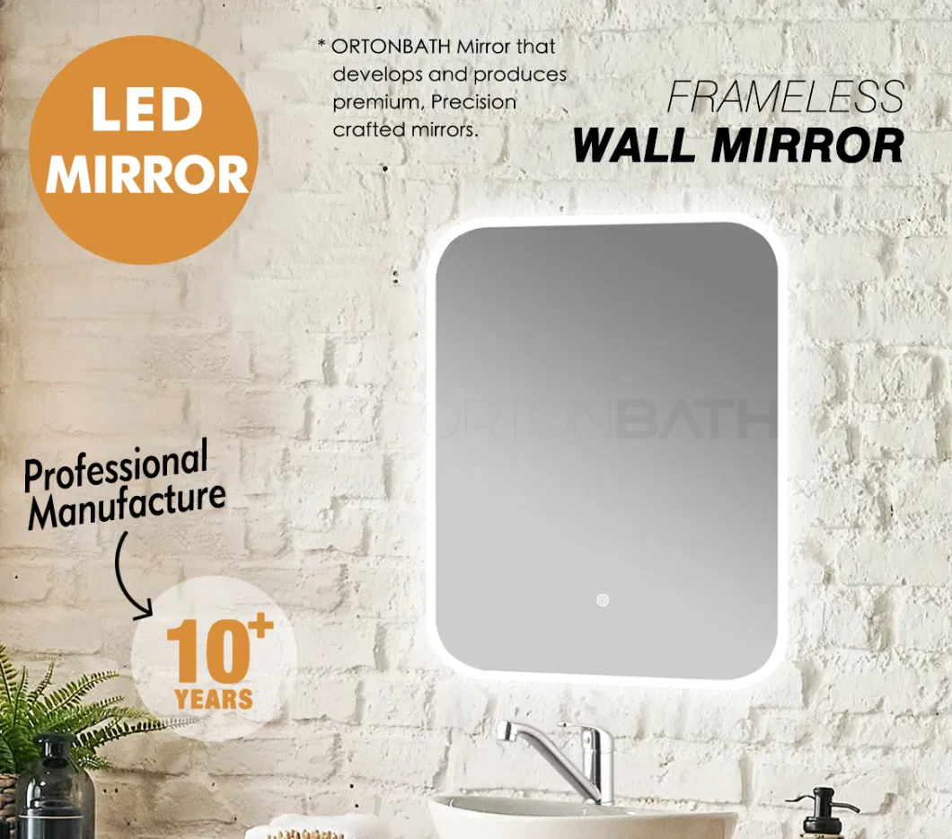 Ortonbath Round Corner Rectangular Modern Frameless Backlit LED Bathroom Mirror, Wall-Mounted Vanity Makeup Lighted Mirror, Anti-Fog Dimmable Lights Mirror