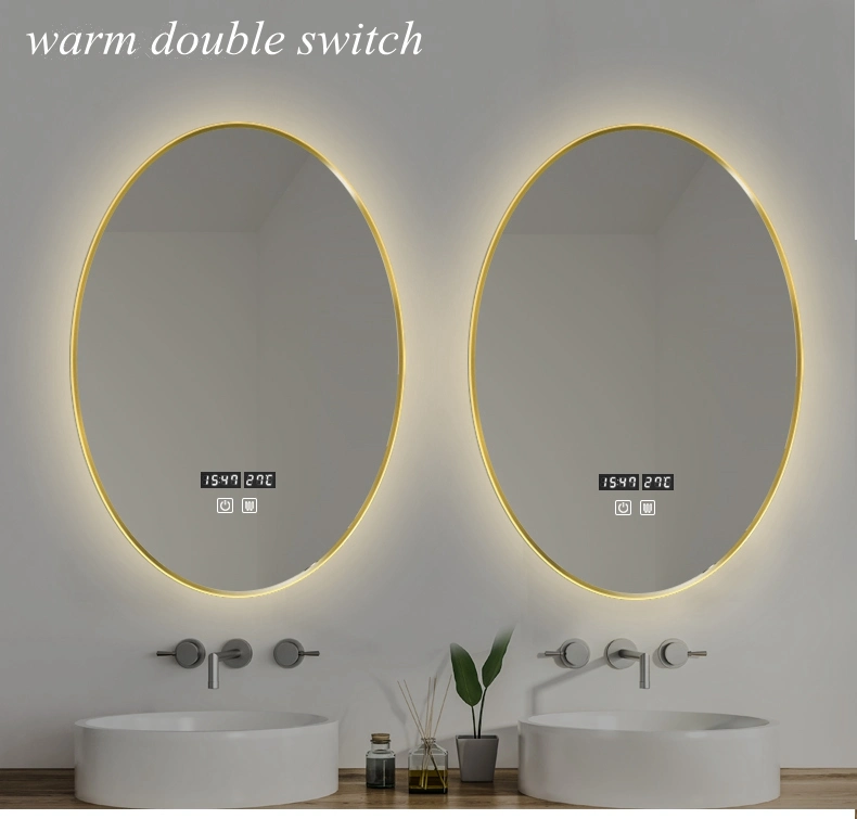 Egg Oval Metal Frame Golden Wall Hotel LED Bathroom Smart Furniture Mirror