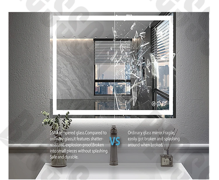 Modern Anti Fog Wall Bath Mirror Frameless Touch Screen Rectangle LED Lighting Smart Bathroom Mirror