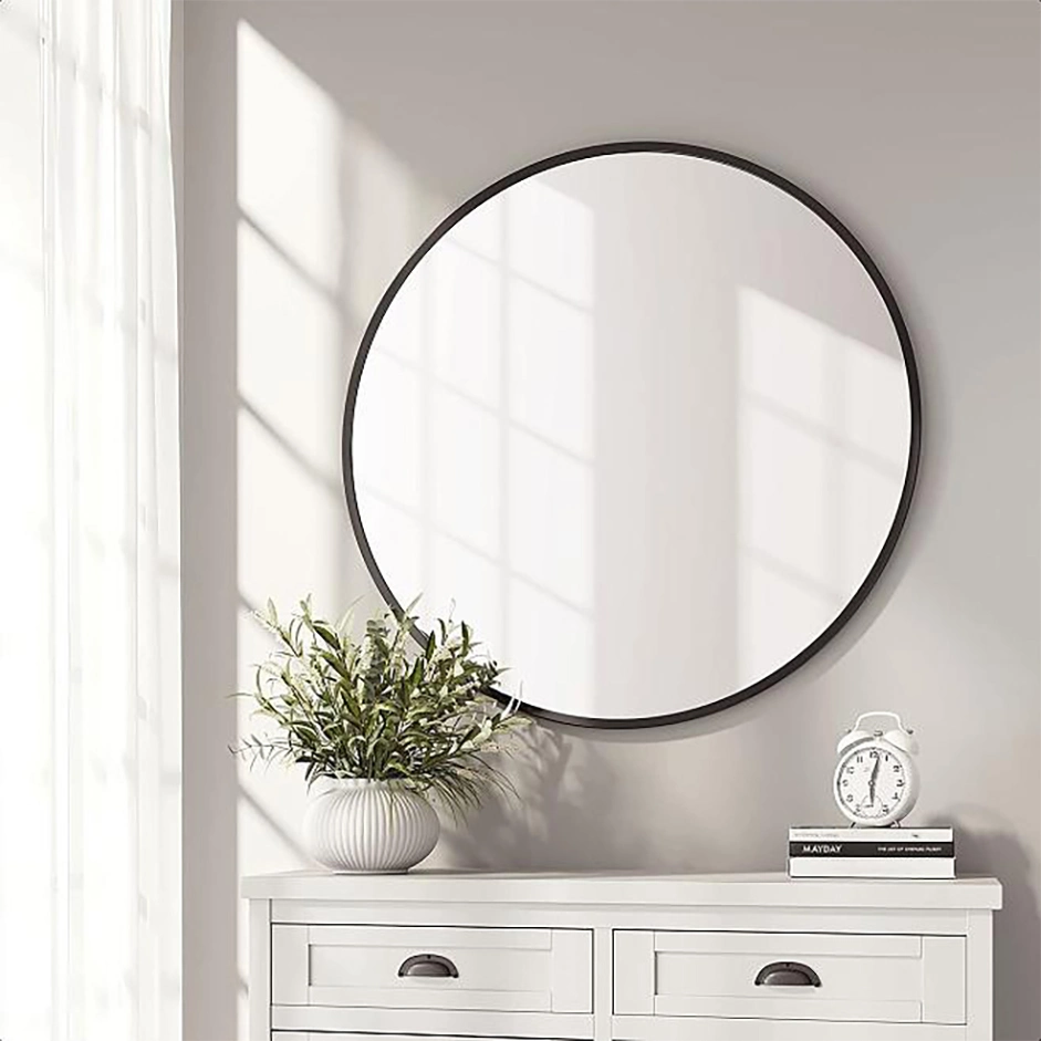 Ortonbath Thin Edge Matte Black Round Framed Bath Home Smart Wall Mounted Non-LED Mirror Bathroom Designer Art Mirror