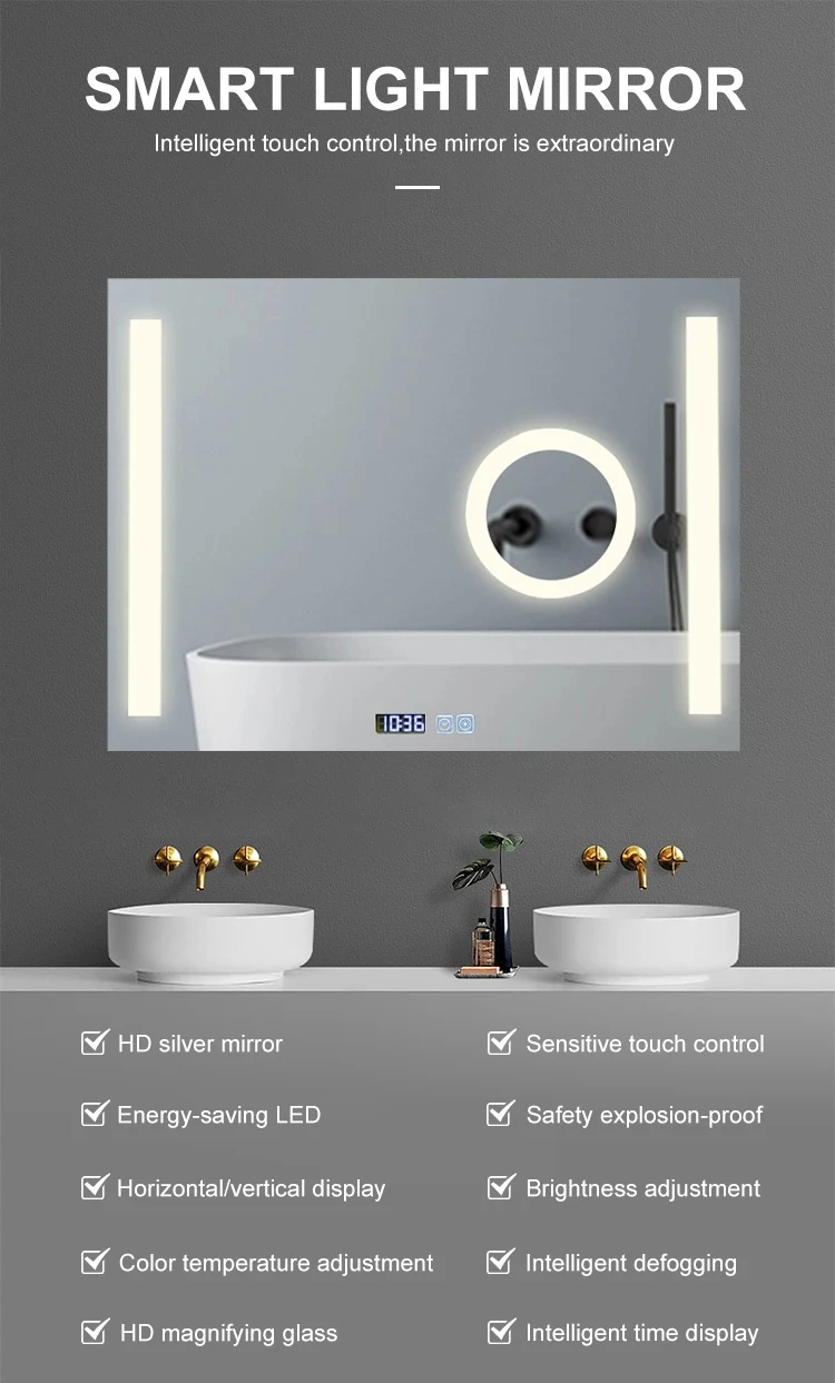 Customized Metal Framed Lighted Mirror Luxury Rectangle Hospitality Bathroom LED Mirror with Shelf