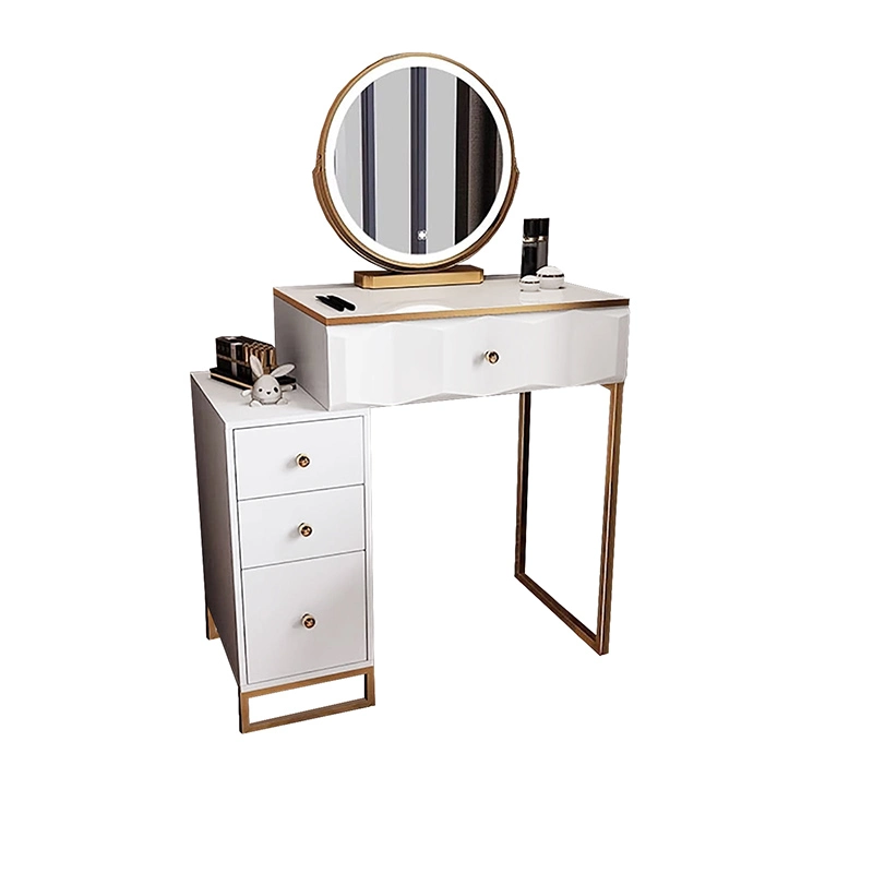 Desk with 3-Color Dimmable Lighted Mirror, Vanity Desk Set with Movable Bedside Table and Cushioned Stool, Vanity Table Set with Drawers &amp; Storage Cabinet,