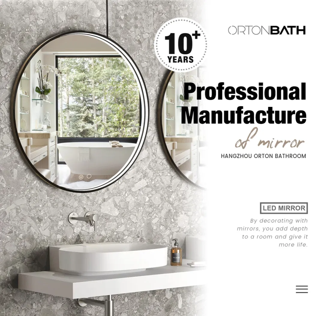 Ortonbath Modern Round Black Metal Frame Vanity Glass LED Mirror with Light, 6000K, Wall Mounted, Anti-Fog Unfoldable LED Bathroom Mirror