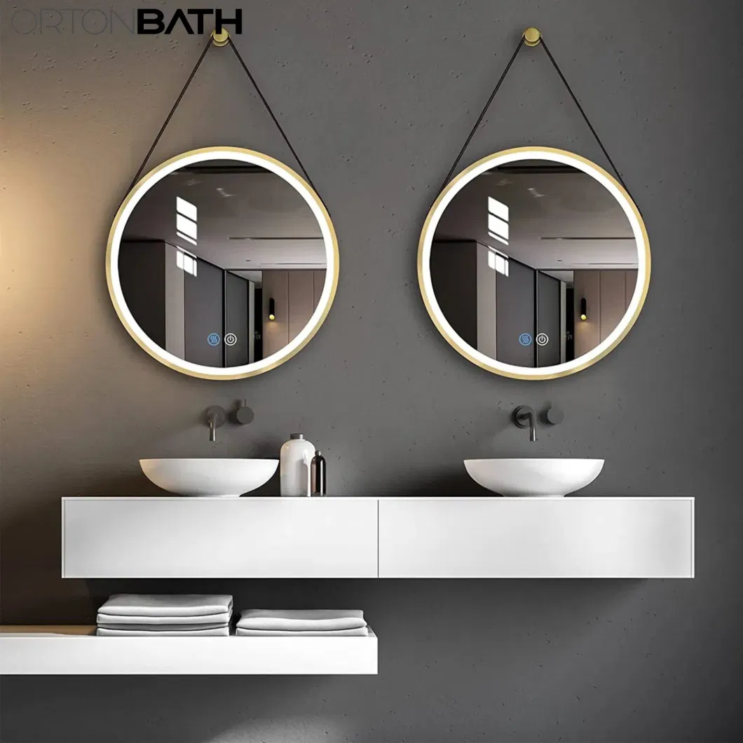 Ortonbath Black Metal Framed 24 Inch Round Bathroom LED Lighted Mirror, Wall Mounted Vanity Makeup Mirror with Lights with Hanging Belt