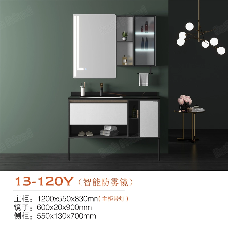 Luxury White Solid Wood Bathroom Storage Cabinet Bathroom Cabinet LED Mirror Cabinet Light Black Rock Slab Basin Makeup Vanity