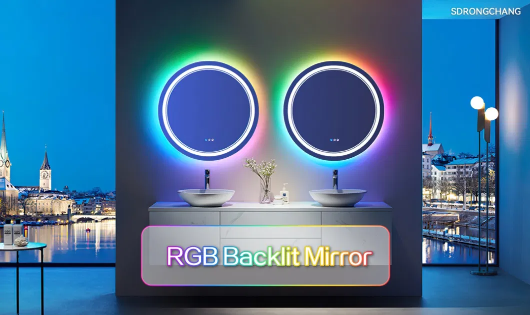 Rongchang D600mm/D700mm/D800mm/D900mm Round Bathroom RGB Backlit LED Color Changing Frameless Smart Wall Mirror