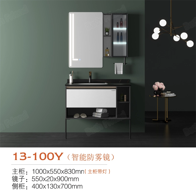 Luxury White Solid Wood Bathroom Storage Cabinet Bathroom Cabinet LED Mirror Cabinet Light Black Rock Slab Basin Makeup Vanity