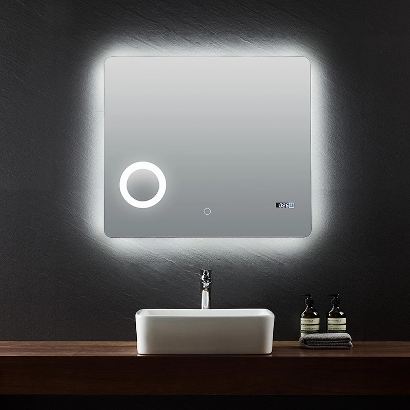 Hot Selling Round Corner Square Touch Switch Magnifying Mirror Backlight Bathroom Smart Bathroom Mirror Wall Hanging with LED Light