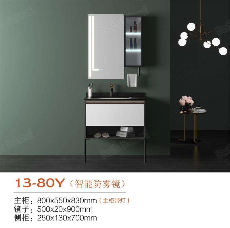 Luxury White Solid Wood Bathroom Storage Cabinet Bathroom Cabinet LED Mirror Cabinet Light Black Rock Slab Basin Makeup Vanity