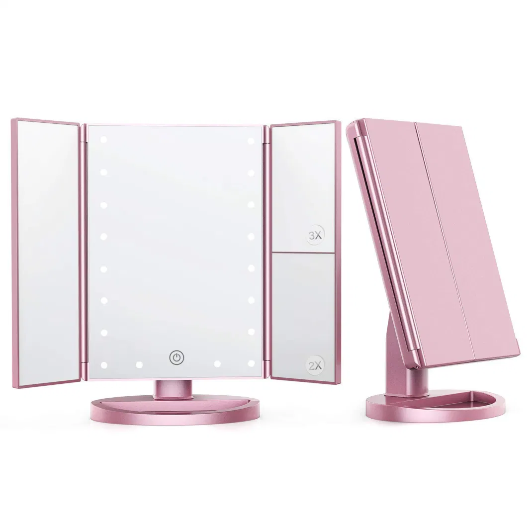 Top Seller 2019 Vanity LED Lighted Travel Makeup Mirror Desktop Trifold Magnified Make up Mirror with Lights