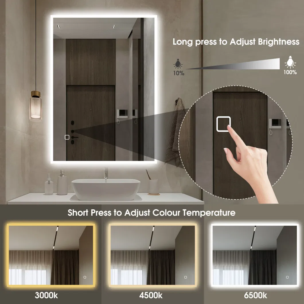 Large Bathroom Wall Mirror with LED Lights, Demister Touch Sensor Rectangular