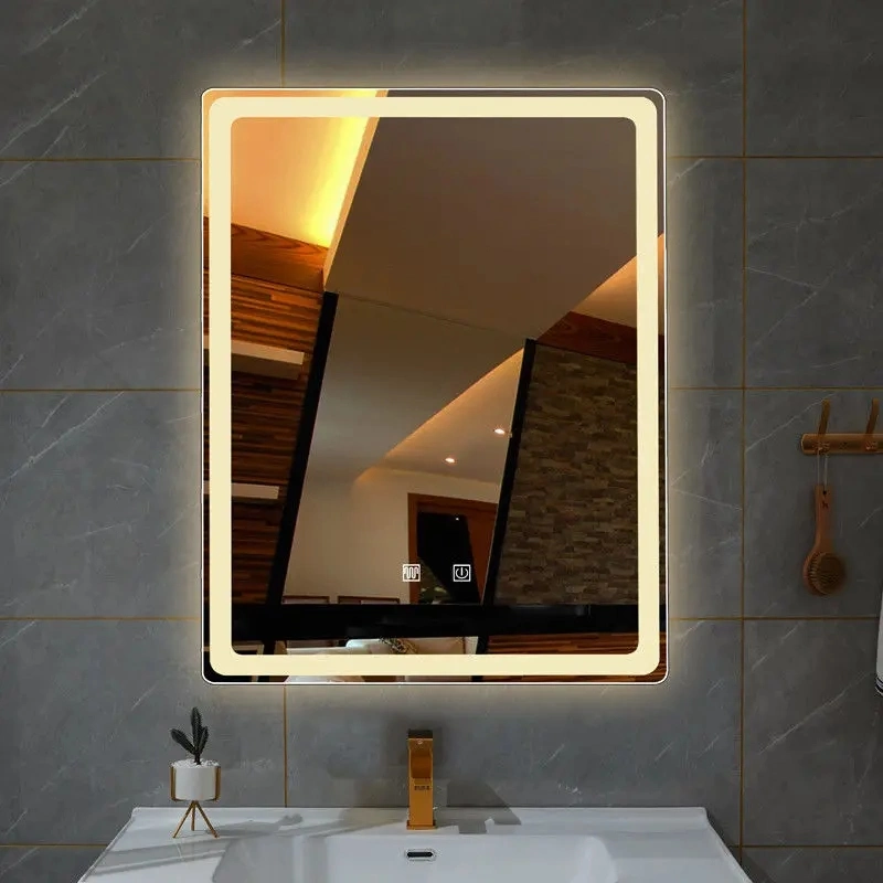 Customized Metal Framed Lighted Mirror Luxury Rectangle Hospitality Bathroom LED Mirror with Shelf