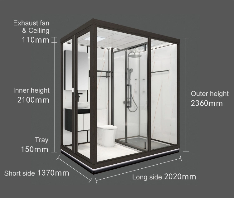 Hotel Design Glass Door Portable Prefabricated Unit Shower Complete Modular Prefab Cabin Bathroom Pod with Toilet