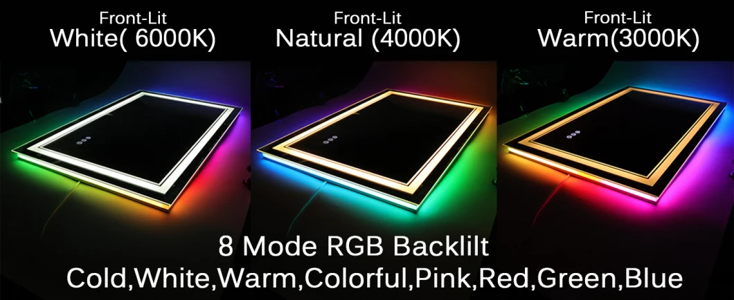 Rectangular Frameless Frontlit and Backlit RGB Color Changing LED Lighted Mirror for Bathroom