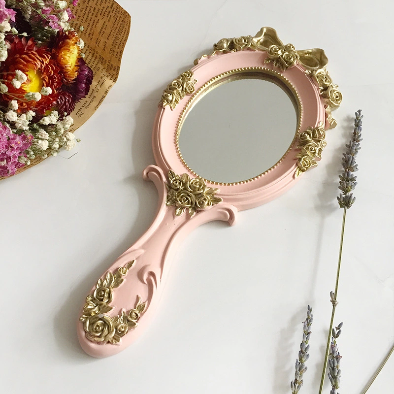 Vintage Priceness Mini Resin Hand Held Makeup Mirror for Cosmetic