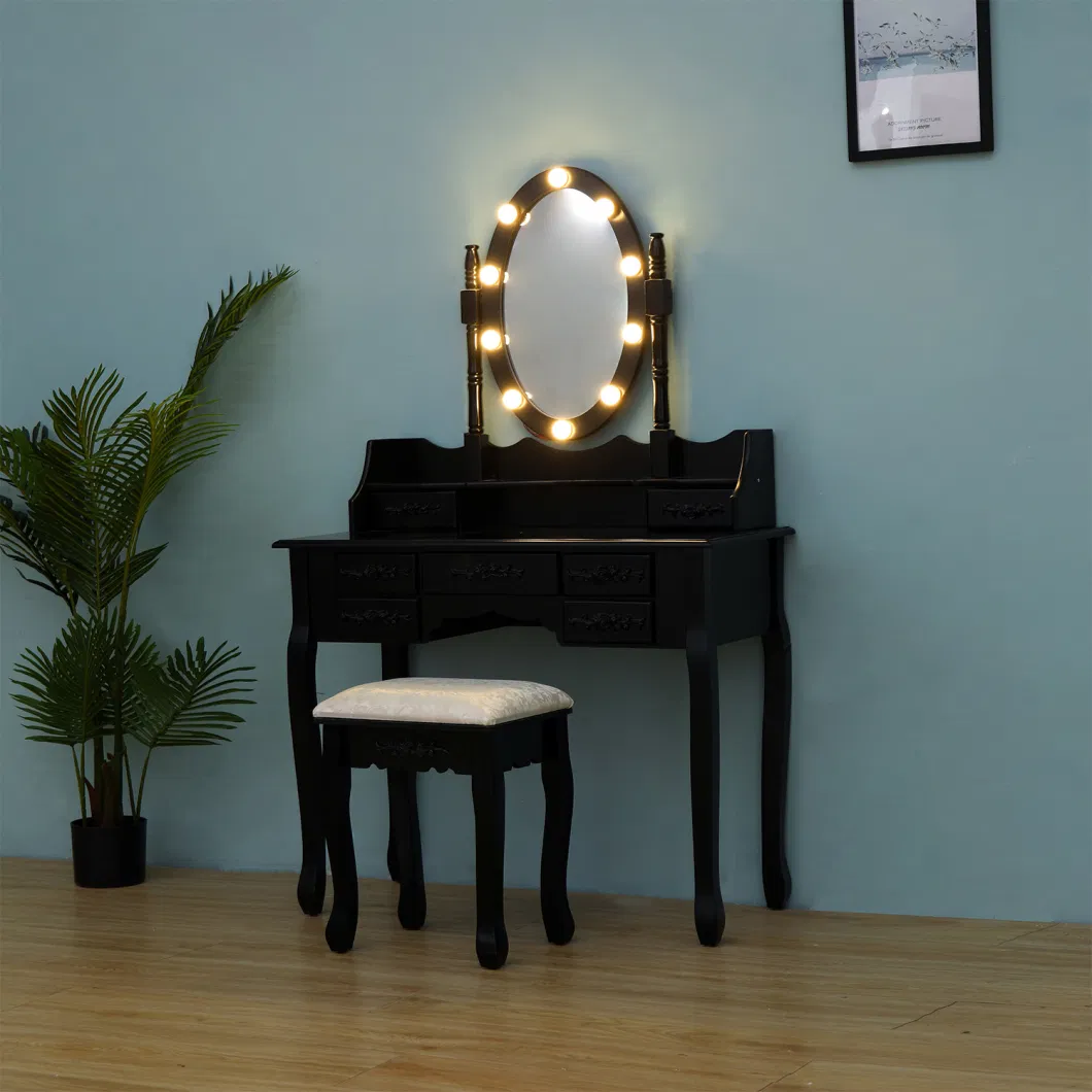 Black Color Wood Vanity Desk with Lighted Makeup Mirror