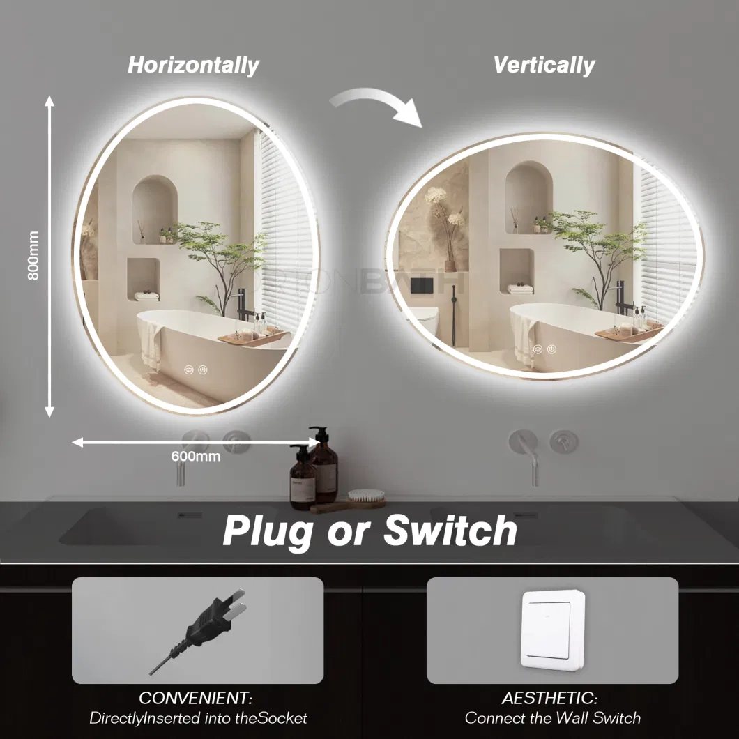 Ortonbath Frameless Oval Bathroom Mirror with Lights, Wall Mounted Mirror, Anti-Fog and Explosion-Proof, Large Vertical LED Makeup Mirror