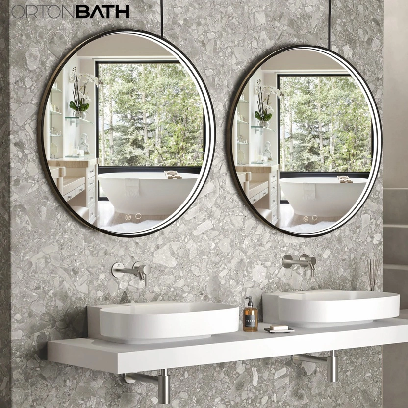 Ortonbath Modern Round Black Metal Frame Vanity Glass LED Mirror with Light, 6000K, Wall Mounted, Anti-Fog Unfoldable LED Bathroom Mirror