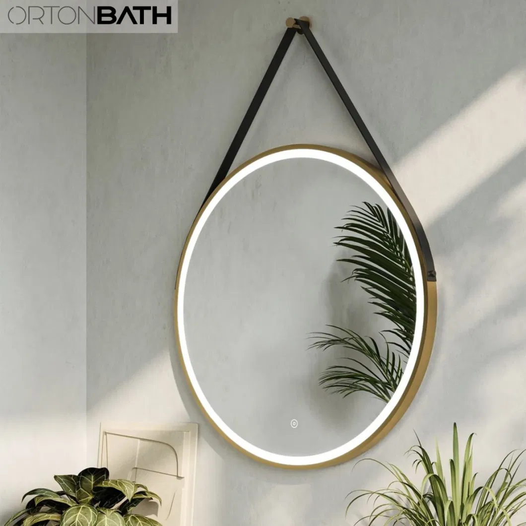 Ortonbath Black Metal Framed 24 Inch Round Bathroom LED Lighted Mirror, Wall Mounted Vanity Makeup Mirror with Lights with Hanging Belt