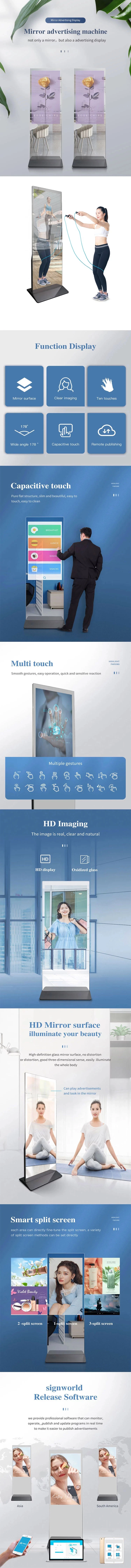 32~98 Inch Floor Standing Smart Mirror with Touch Screen, Magic Glass Mirror Wall Mounted LED LCD Light Mirror Display for Bathroom/Bath/Makeup/Fitness/Gym