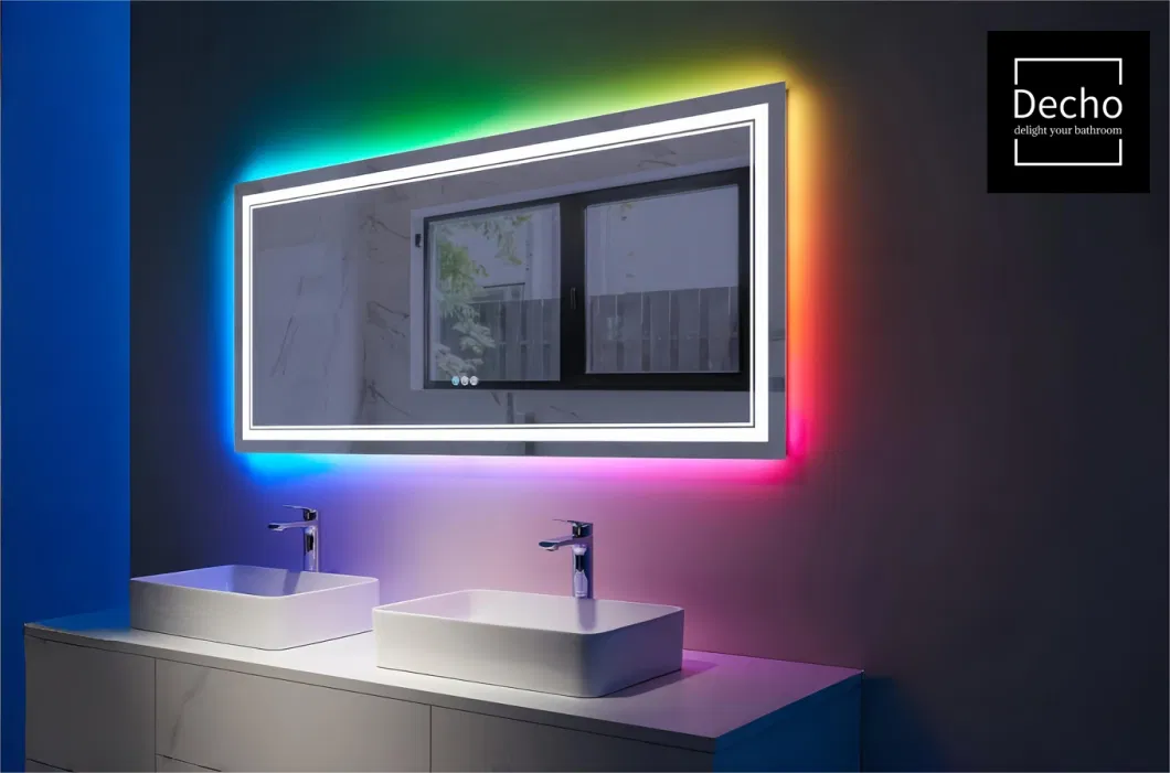 Rectangular Frameless Frontlit and Backlit RGB Color Changing LED Lighted Mirror for Bathroom