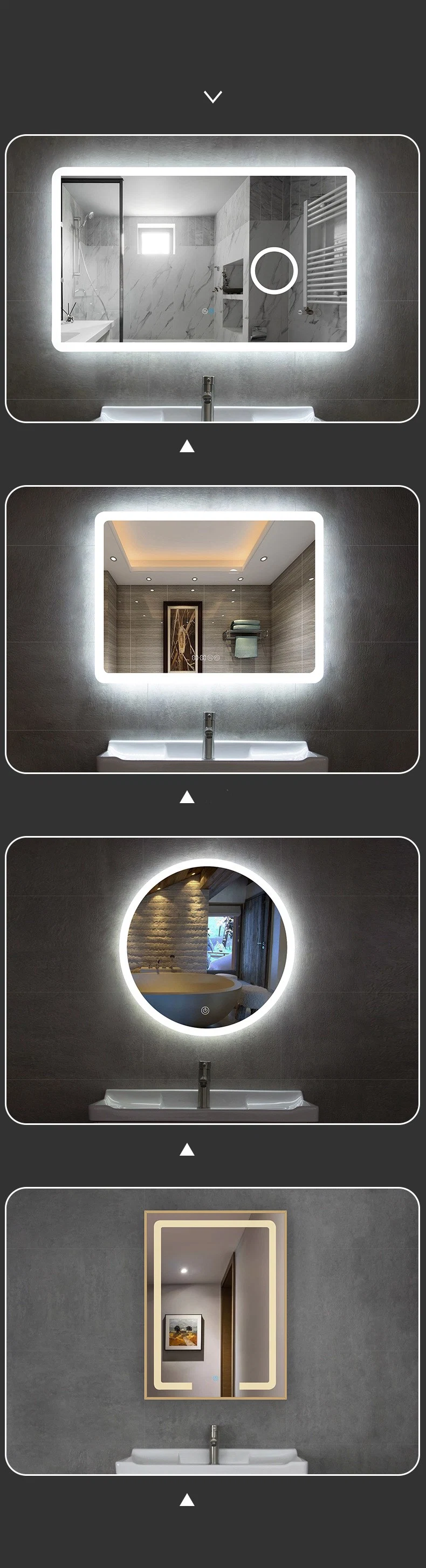 Smart Bathroom Touch LED Luminous Mirror Metal Frame Round Hotel Bathroom Anti-Fog Wall Mirror