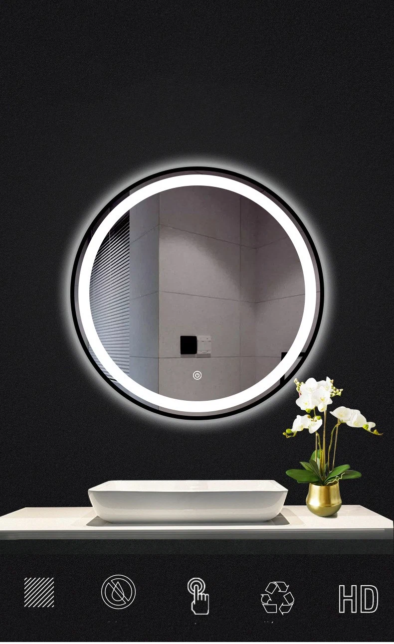 Smart Bathroom Touch LED Luminous Mirror Metal Frame Round Hotel Bathroom Anti-Fog Wall Mirror