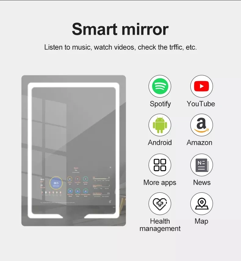 Smart Mirror 7 Inch to 100 Inch Interactive Bathroom TV Mirror Intelligent Magic Mirror Glass Touch Screen Mirror for Hotel Smart Home with Android OS