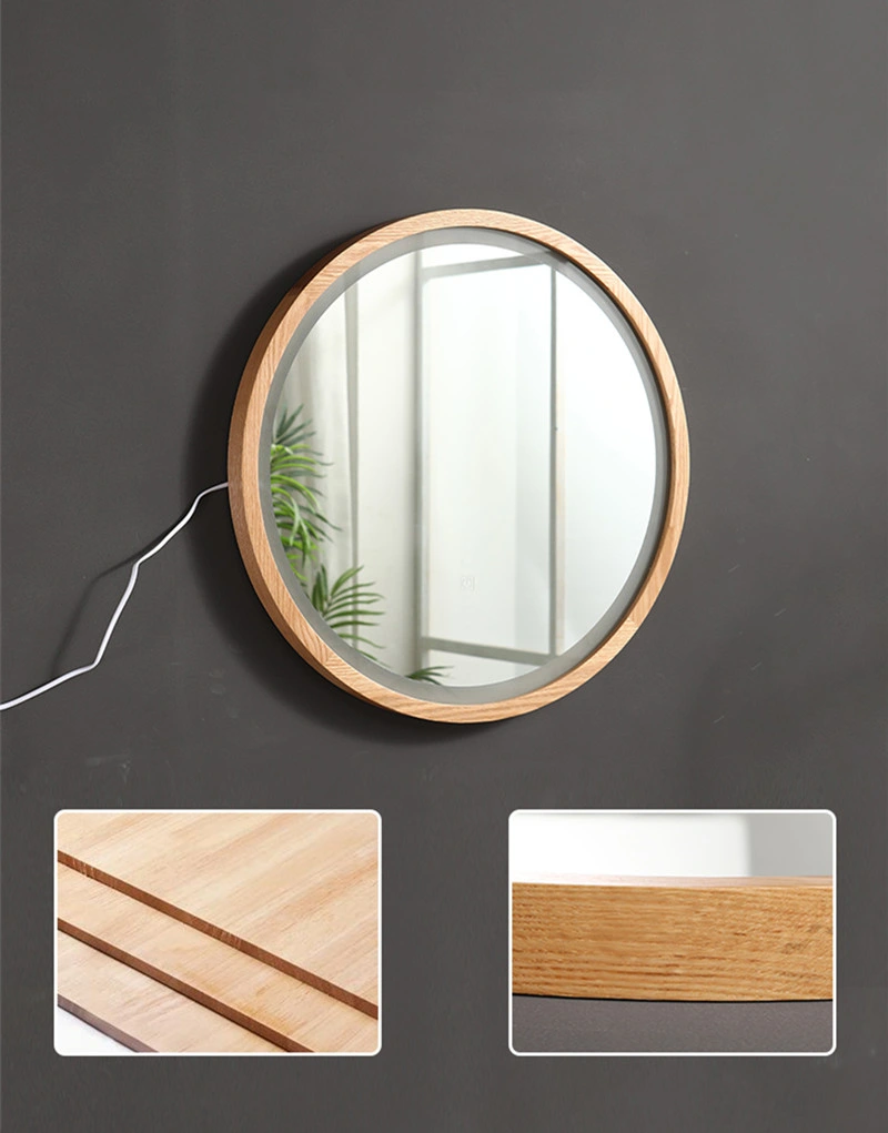 Home Nordic Simple Round Solid Wood Bedroom Wall-Mounted LED Smart Lamp Bathroom Toilet Vanity Mirror 0027