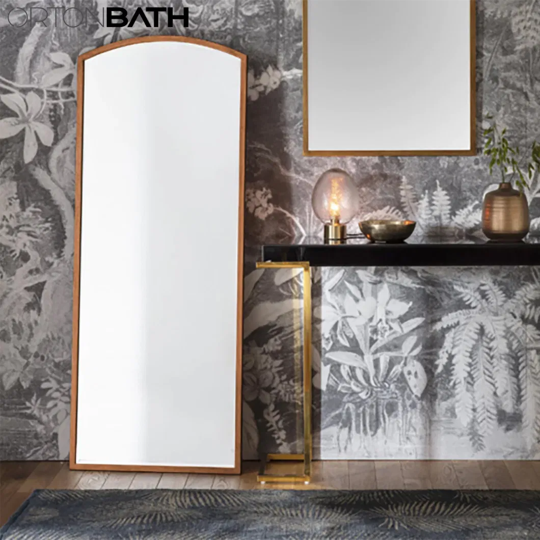 Ortonbath Gold Wood Framed Dressing Home Smart Against to Wall Wall Mounted Non-LED Mirror Bathroom Designer Art Mirror