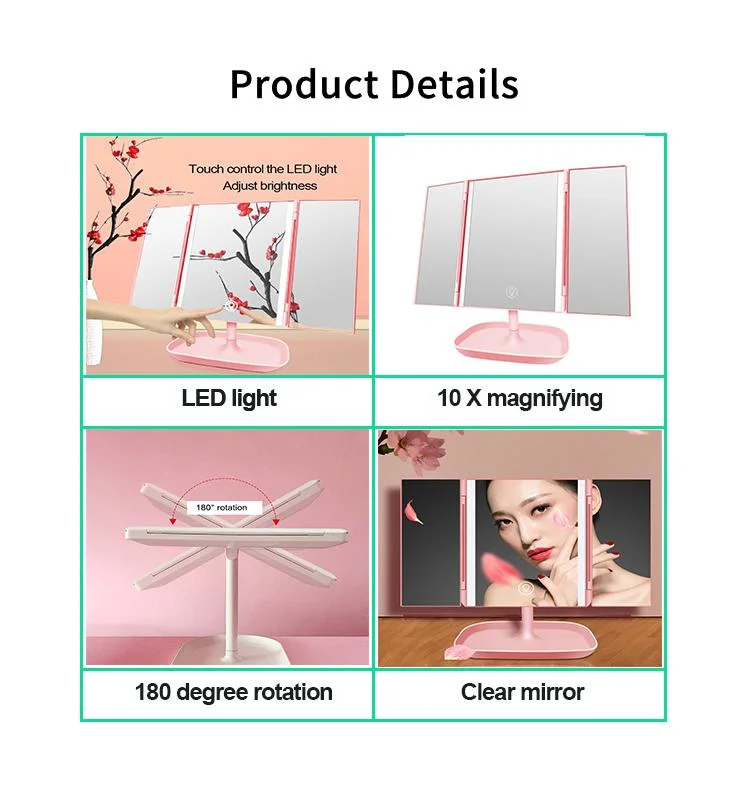 Modern Custom Trifold LED Light Desk Makeup Mirror