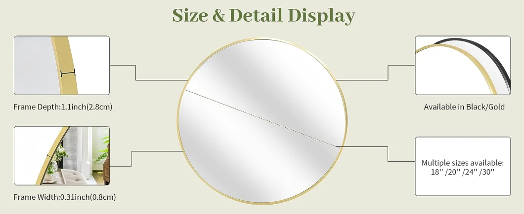 Round Mirror, Gold Metal Frame Circle Mirror, Wall Mirror for Entryway, Bathroom, Vanity, Living Room, Gold Circle Mirror