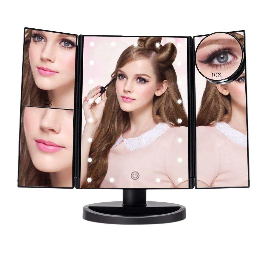 Top Seller 2019 Vanity LED Lighted Travel Makeup Mirror Desktop Trifold Magnified Make up Mirror with Lights