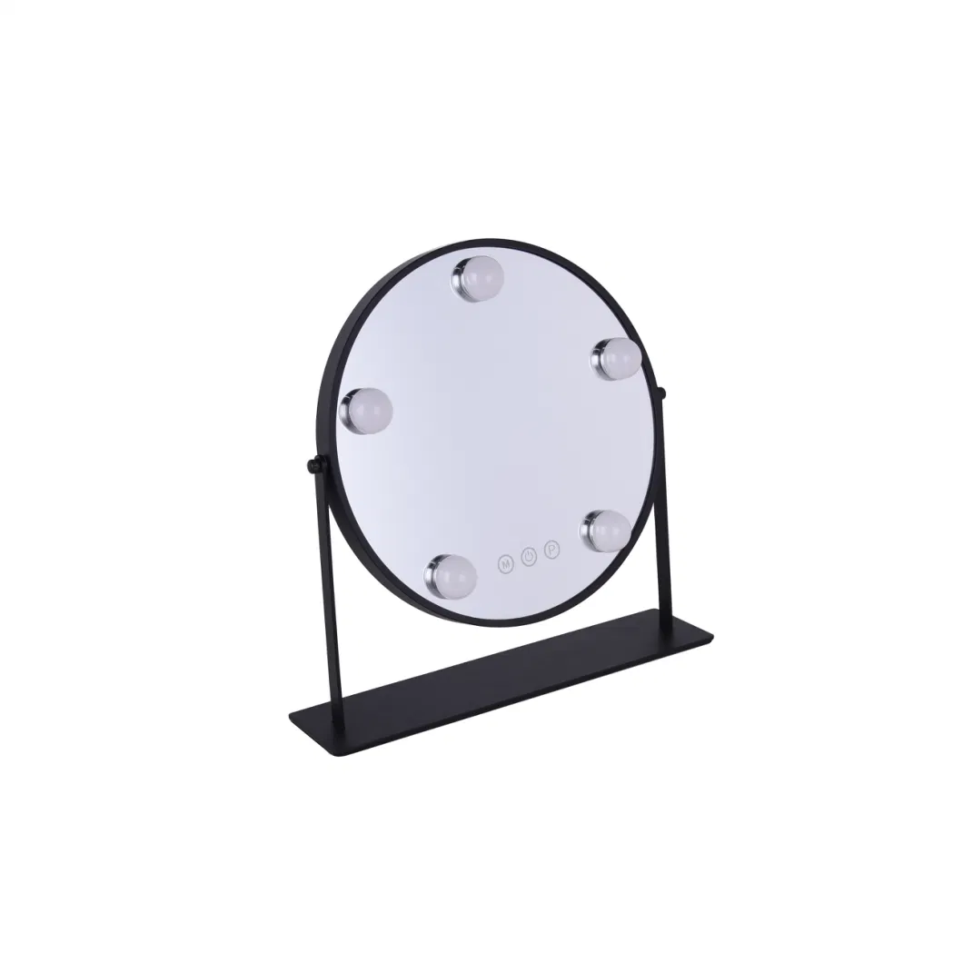 Black Round Shape LED Lighted Tabletop Makeup Mirror with 5 Bulbs