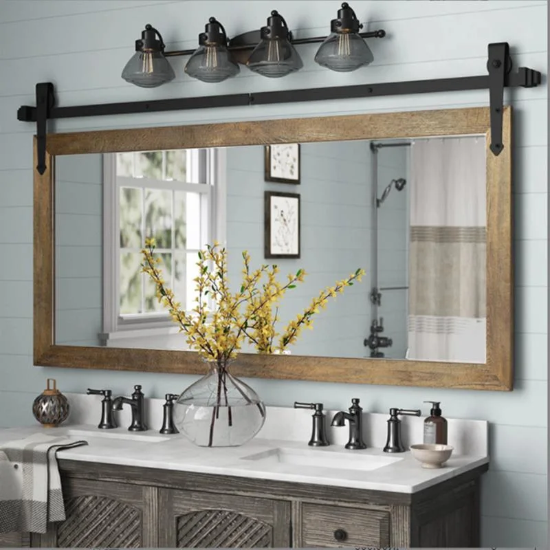 Rectangular Solid Wood Barn Door Hanging Rail Decorative Mirror Custom American Metal Track Iron Frame Large Size Bathroom Mirror