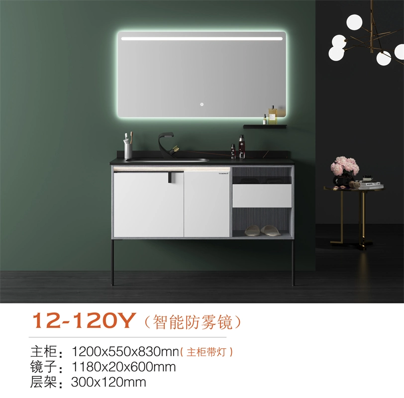 Luxury White Solid Wood Bathroom Storage Cabinet Bathroom Cabinet LED Mirror Cabinet Light Black Rock Slab Basin Makeup Vanity